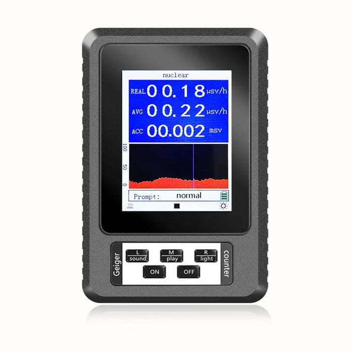 9eight5 Geiger Counter radiation detector showing real-time readings and cumulative radiation levels in a compact tool kit.
