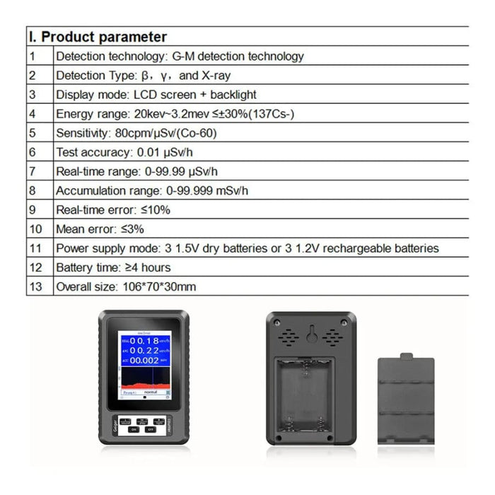 9eight5 Radiation Detector Geiger Counter XR1 showing digital display with real-time mean cumulative radiation readings.