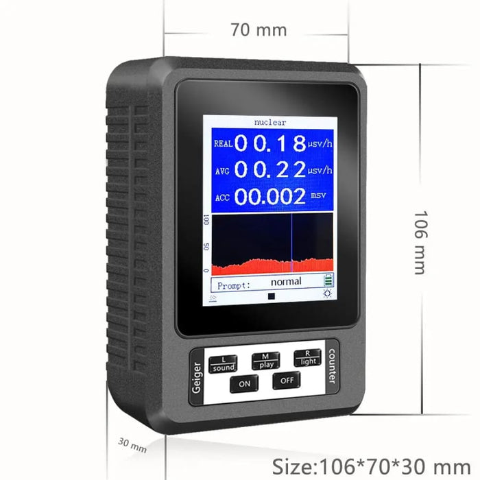 9eight5 Radiation Detector Geiger Counter XR1 shows digital display with real-time radiation readings and cumulative measurements.