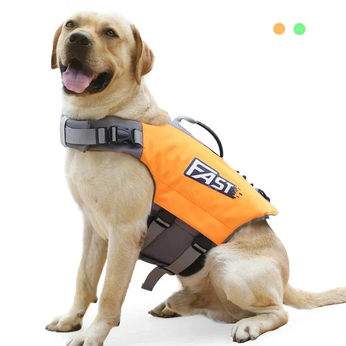 Reflective Habicare dog life jacket with adjustable straps, summer swimming vest, designed for safety and visibility during water activities.