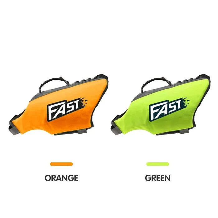 Habicare reflective dog life jacket with adjustable straps, summer swimming vest, bright safety color, suitable for water activities.