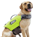 Reflective Habicare dog life jacket with adjustable straps and summer swimming vest for safety and visibility during water activities.