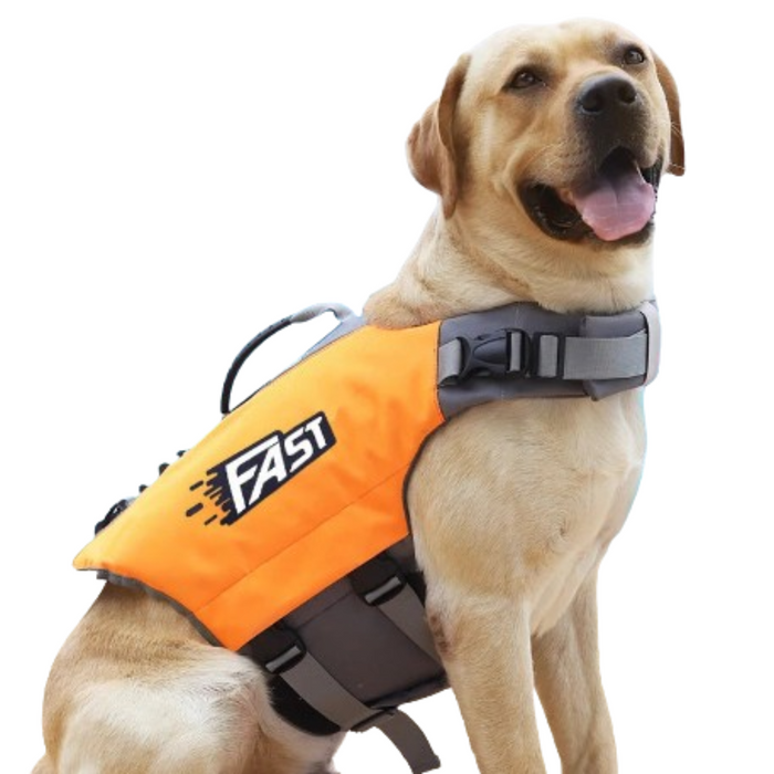 Reflective Habicare dog life jacket with adjustable straps and bright color, designed for summer swimming safety.
