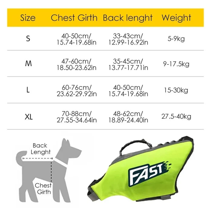 Reflective Habicare dog life jacket with adjustable straps, summer swimming vest designed for safety and visibility in water.