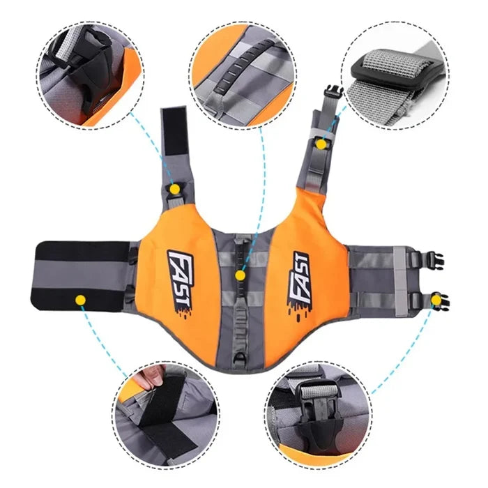 Reflective Habicare dog life jacket with adjustable straps, summer swimming vest, lightweight and secure for safety in water.