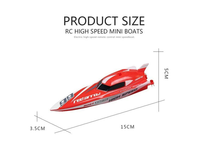 Red remote control racing boat by dealonline.co.nz, featuring sleek design and waterproof build for high-speed aquatic fun.