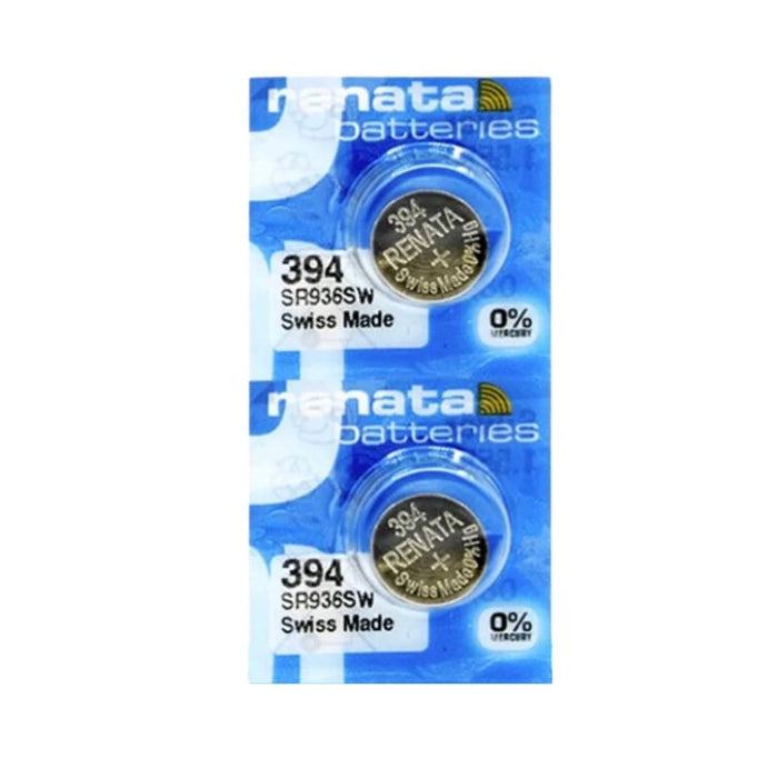 Two Renata 394 / SR936SW watch batteries in a pack, compact and round, suitable for small watches and timepieces.