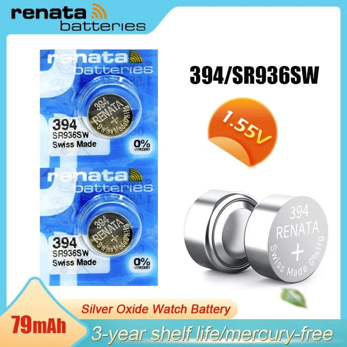 Two Renata 394 / SR936SW watch batteries for compatible watches, shown in a clear image with packaging.