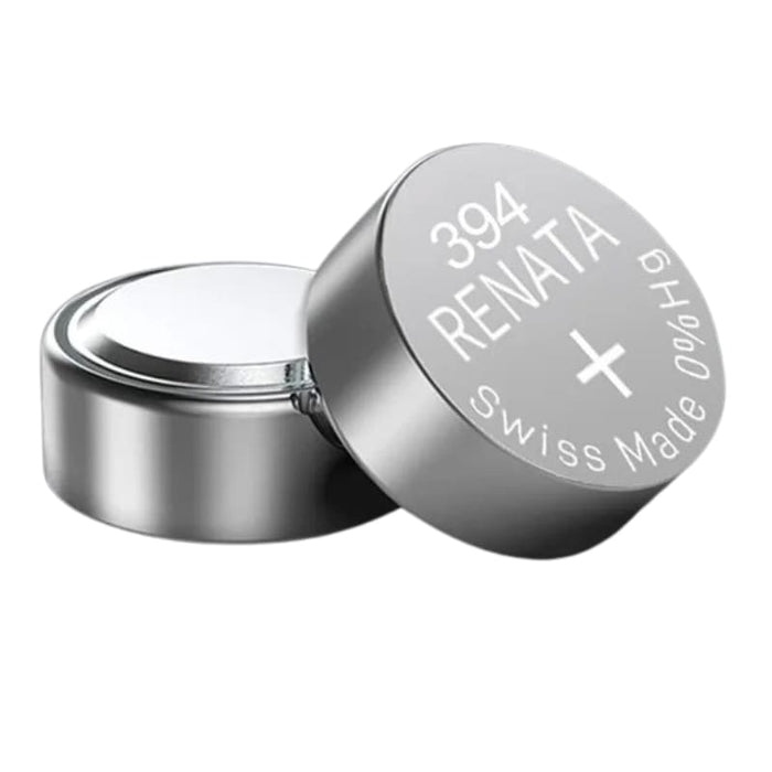 Two Renata 394 / SR936SW watch batteries in a pack, compact and round, suitable for watch replacement.