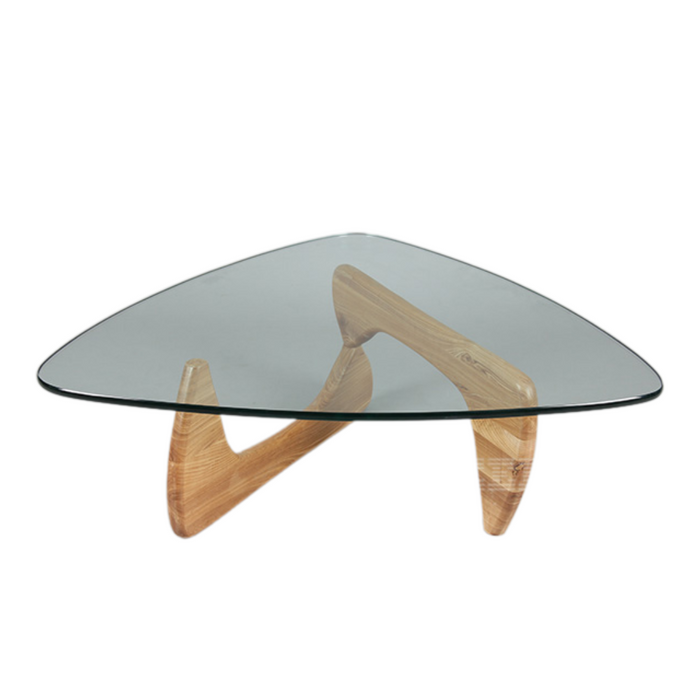 Elegant replica Noguchi coffee table by sue-e furniture featuring a sculptural wooden base and glass top.