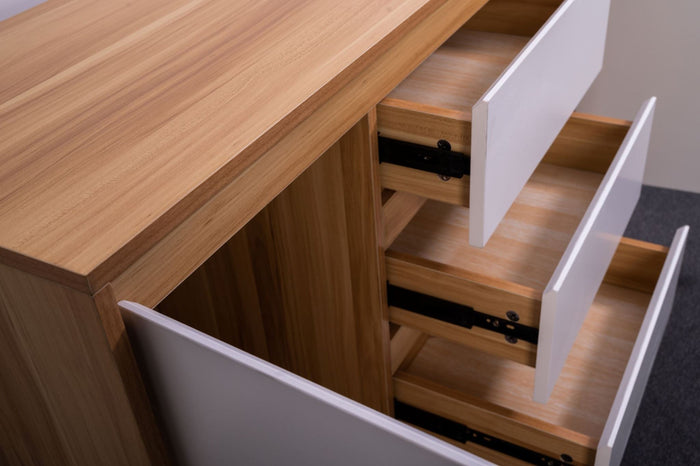 Retro Sue-e Furniture dining cabinet with wooden finish, featuring storage shelves and cabinet doors for kitchen or dining room.