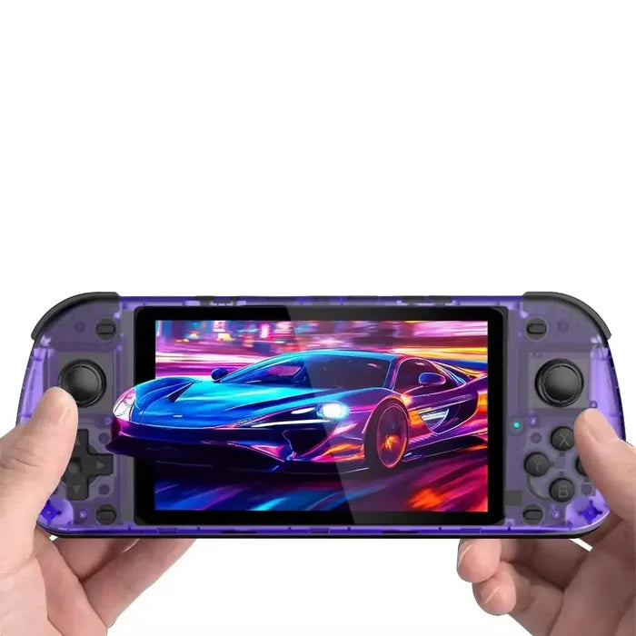 Habicare 9eight5 retro handheld console with 5.1-inch screen available in four colors, featuring classic gaming design and controls.