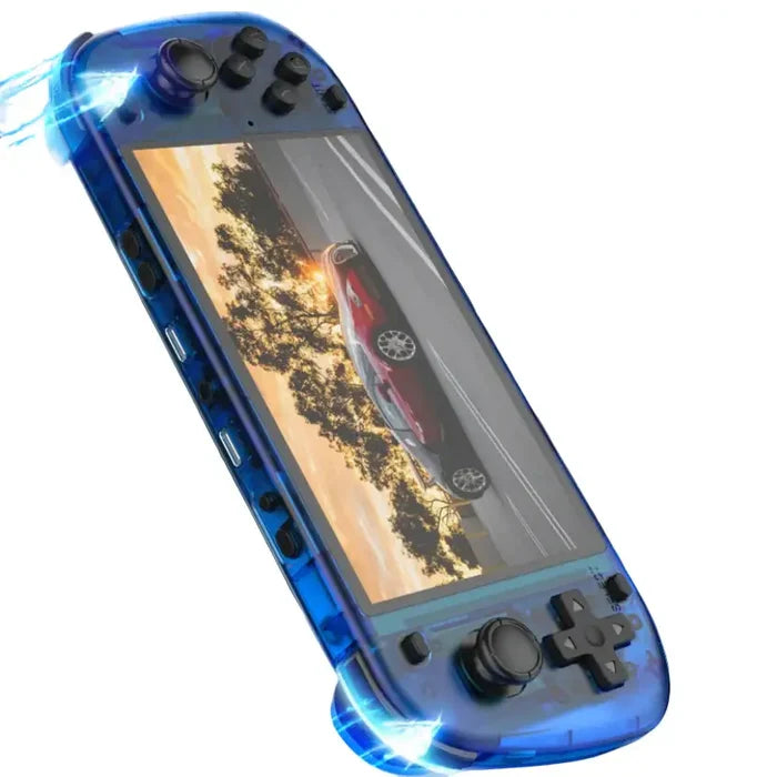 Habicare 9eight5 retro handheld console with 5.1-inch screen in four color options, featuring classic gaming design and controls.