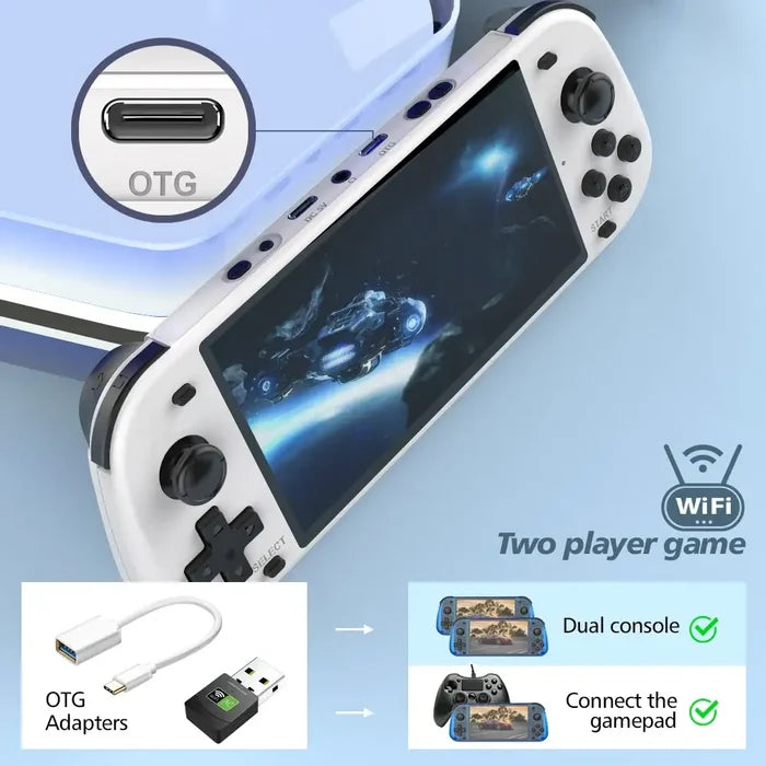 Habicare 9eight5 retro handheld console with 5.1-inch screen in four colors, featuring vintage gaming design and controls.