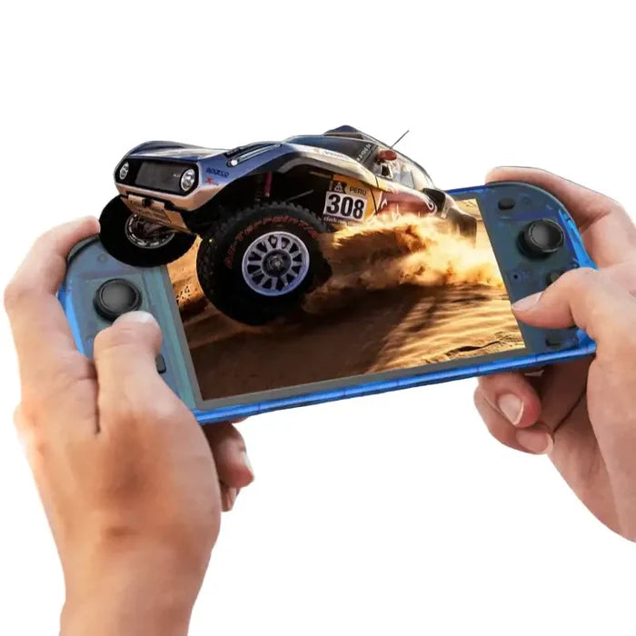 Habicare 9eight5 retro handheld console with 5.1-inch screen, available in four colors, featuring classic gaming design.