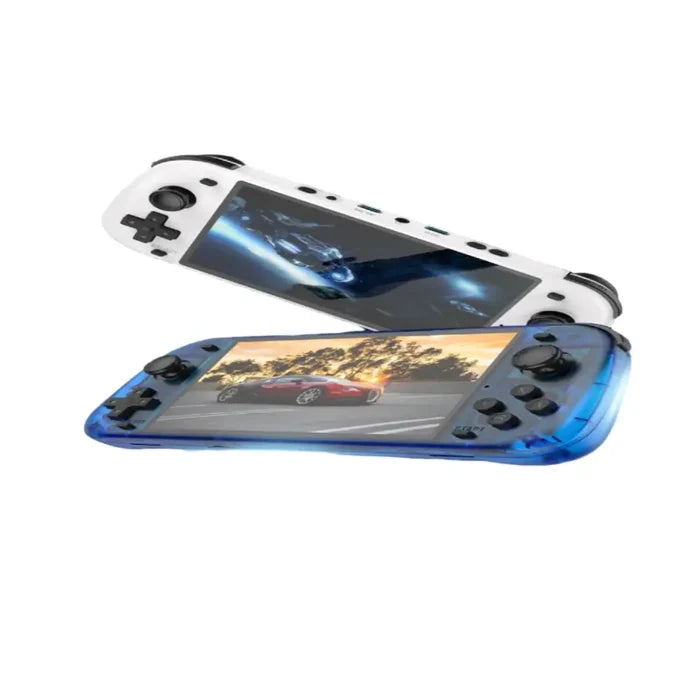 Habicare 9eight5 retro handheld console with 5.1-inch screen available in four colors, featuring classic gaming controls and design.