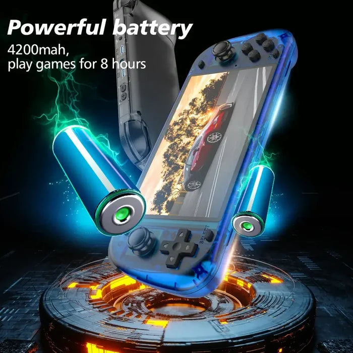 Habicare 9eight5 retro handheld console with a 5.1-inch screen available in four colors, showcasing a portable gaming device.