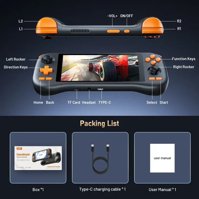 Habicare 9eight5 retro handheld console with 5.5-inch touchscreen, Android 14, rechargeable battery for portable gaming.
