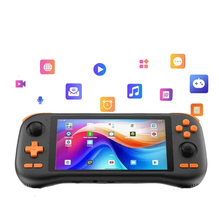 Habicare 9eight5 retro handheld console with 5.5-inch touchscreen, Android 14, rechargeable battery, black gaming device.