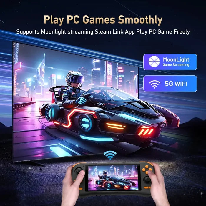 Habicare 9eight5 retro handheld console with 5.5-inch touchscreen, Android 14, and rechargeable battery in black