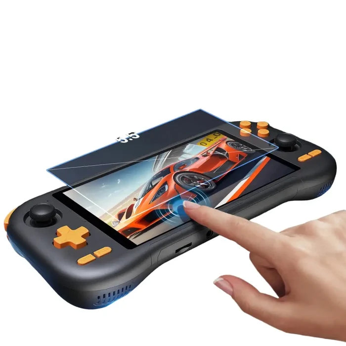 Habicare 9eight5 retro handheld console with 5.5-inch touchscreen, Android 14, and rechargeable battery, ideal for gaming on the go.
