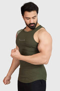 Olive green ribbed tank top from Fuaark Nz, featuring a fitted design and sleeveless style.