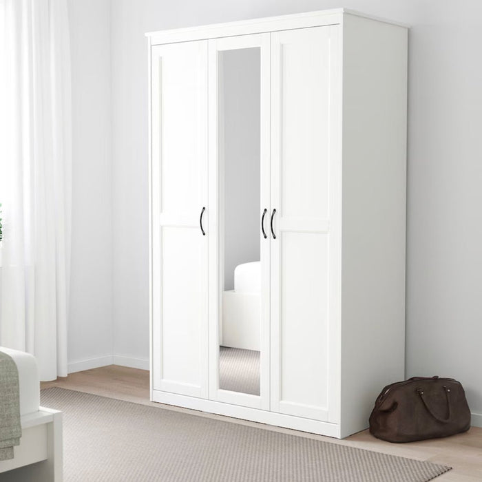 'Roman' 3-door wardrobe with mirror by Sue-E Furniture, featuring polished wood finish and sleek door handles.