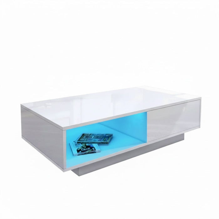 White gloss coffee table with RGB LED lighting from sue-e furniture, modern design and sleek surface in a stylish living room setting.