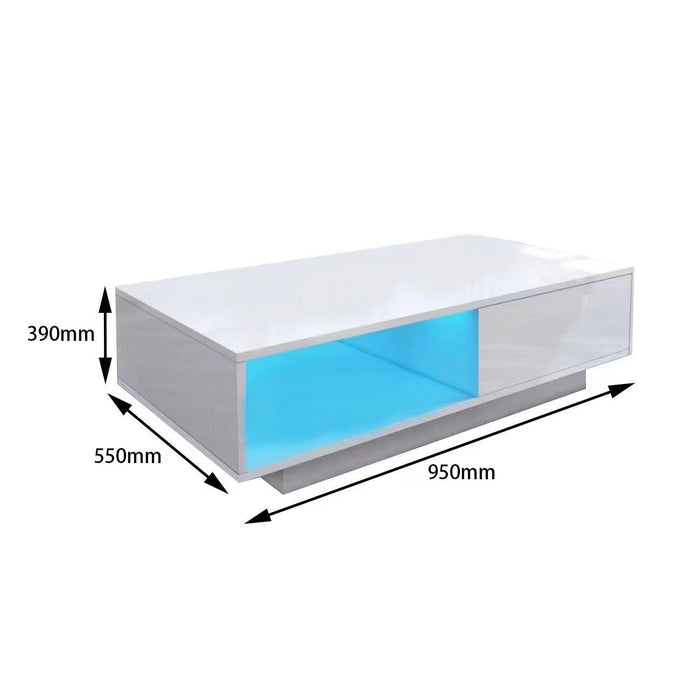 White gloss coffee table with RGB LED lighting by sue-e furniture, showcasing a modern design with illuminated accents.