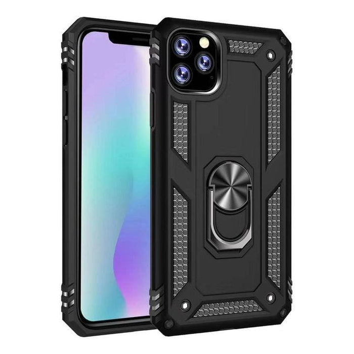 Black Rugged Armor case for iPhone 12 Mini (5.4”) by 9eight5, showing the textured protective design on the phone.