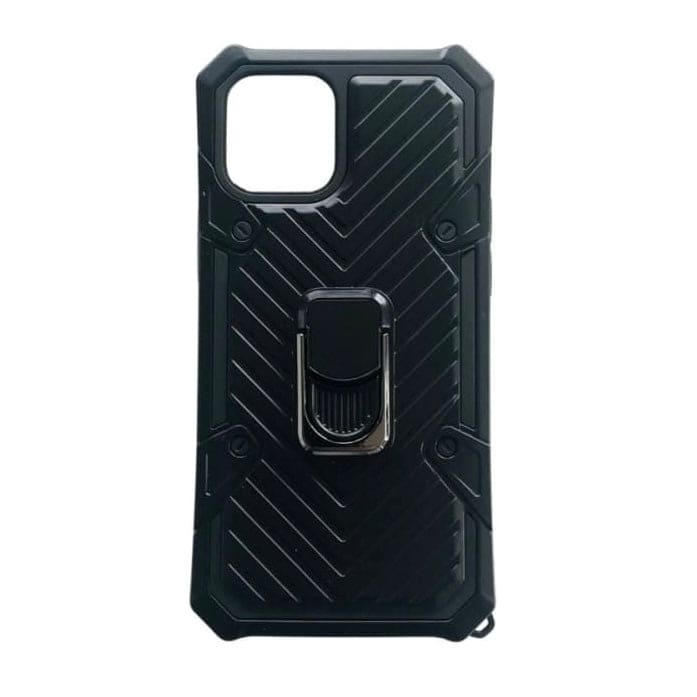 Black Rugged Armor case for iPhone 12 Pro Max (6.7”) by 9eight5, showing the durable, textured exterior and precise camera cutout.