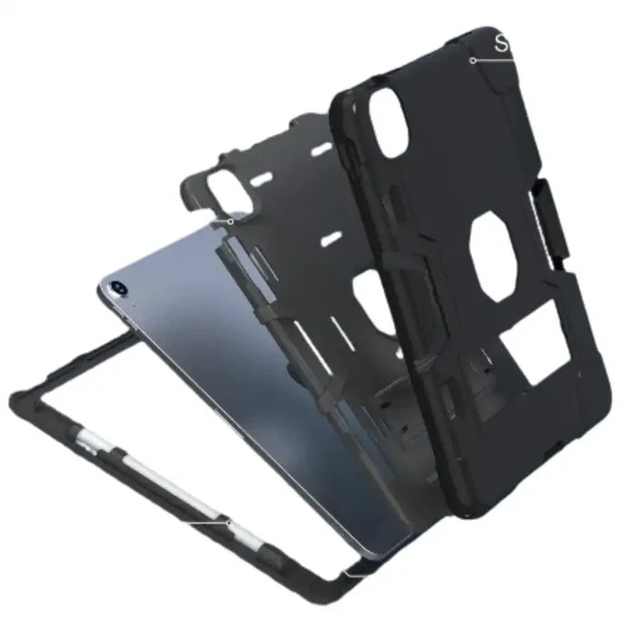 Black Rugged Case for iPad Series by 9eight5 from Habicare, featuring durable protective design in a close-up view.