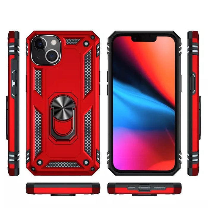 9eight5 rugged iPhone 14 Plus case in two colors, durable protective cover for 6.7-inch smartphone, shown on device.