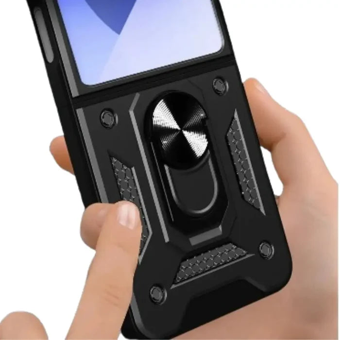 Habicare Rugged Military Grade Cover for Samsung Galaxy Z Flip7 in a protective black case showing textured surface and precise cutouts.