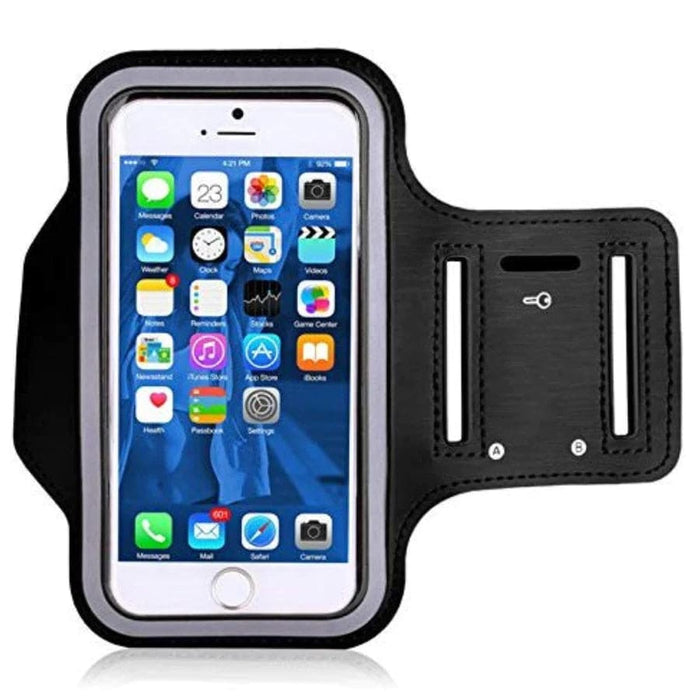 Black Kinglink running armband for phone cases, adjustable strap with secure pocket for smartphones during exercise.