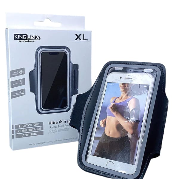 9eight5 Running Armband by Kinglink holding a smartphone, adjustable strap, black fitness accessory for jogging and workouts.