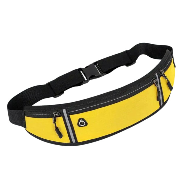 Yellow 9eight5 running waist bag for active wear, featuring adjustable straps and storage for outdoor exercise gear.