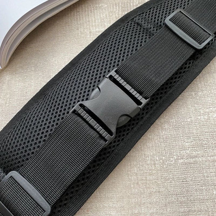 Black running waist bag by 9eight5, designed for outdoor exercise with adjustable strap and multiple storage compartments.