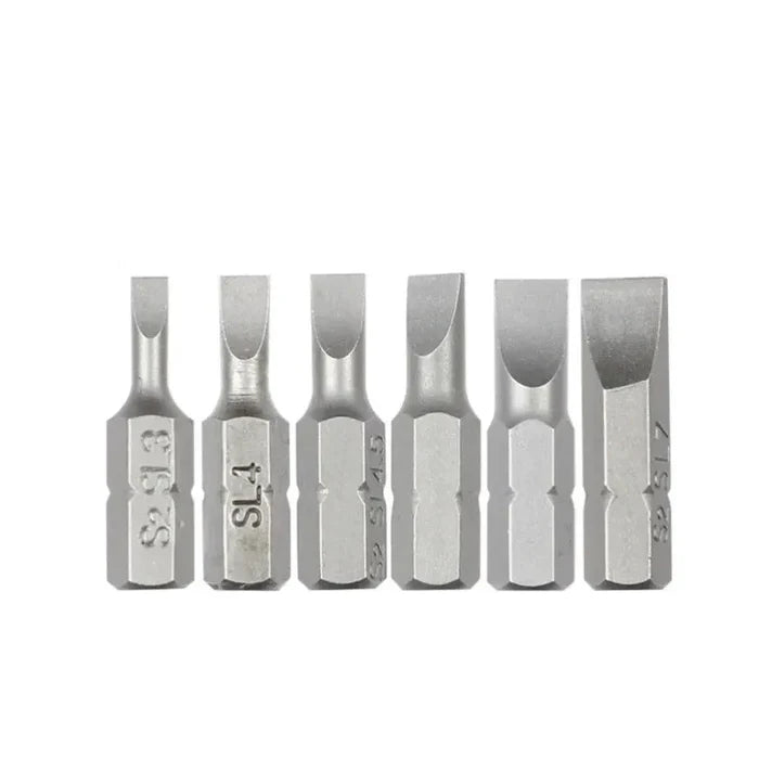 Habicare S2 steel slotted screwdriver bits set with 1/4" shank, featuring six different types for versatile use.