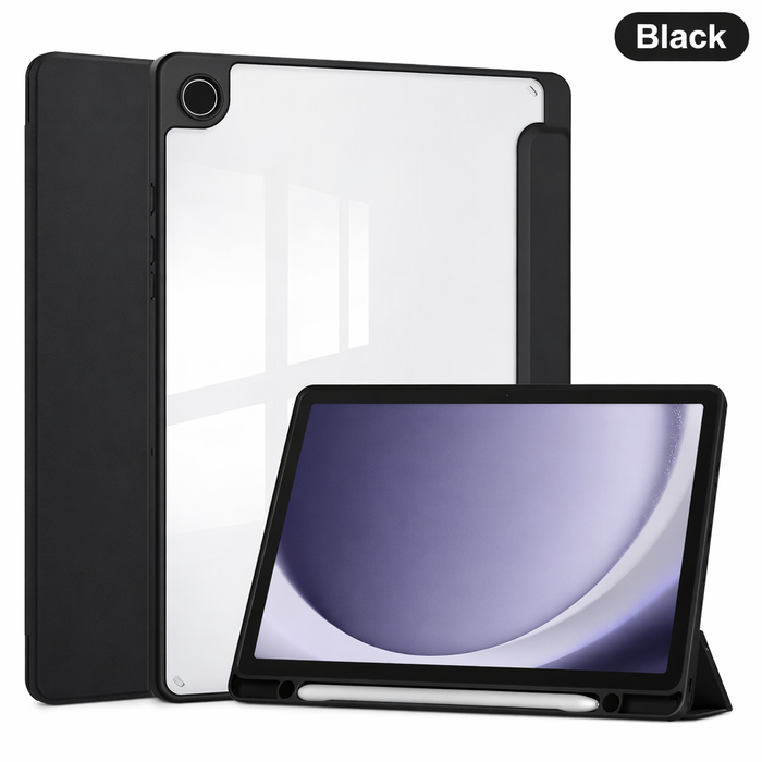 Samsung Galaxy Tab A11 clear acrylic case by TechPlus, slim shockproof cover with transparent design, front view.