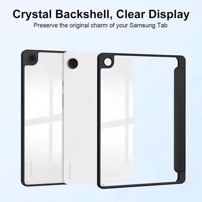 Samsung Galaxy Tab A11 clear acrylic case, slim shockproof cover with transparent design, side view showcasing protection and slim profile.