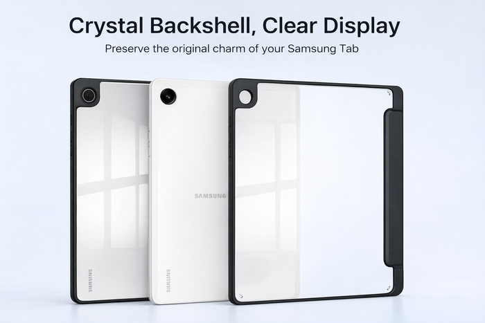Samsung Galaxy Tab A11 clear acrylic case by TechPlus, slim shockproof cover with camera cutout for protection and style.