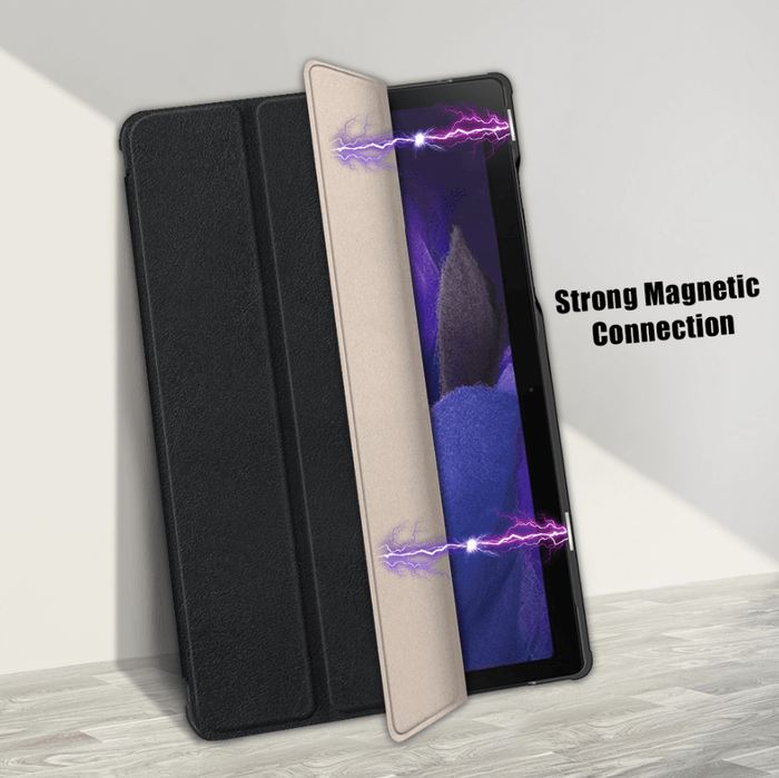 Samsung Galaxy Tab A9 Plus 11-inch tablet with TechPlus 2 Flip Tri-Fold Stand case viewed from the front.