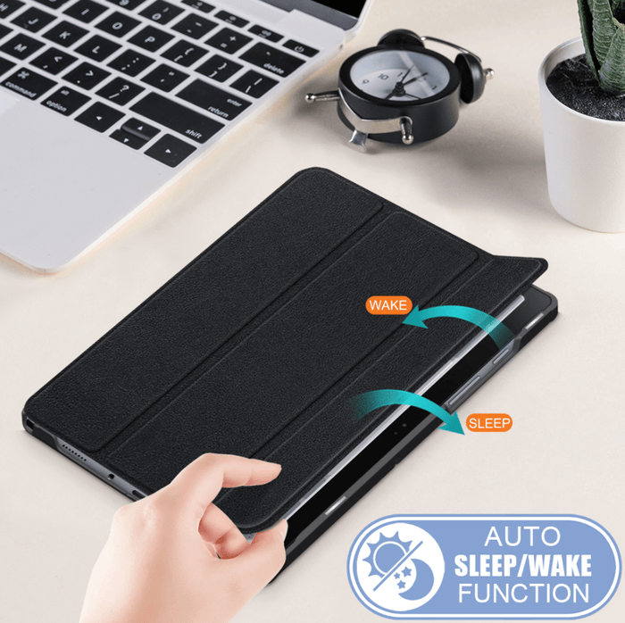 Samsung Galaxy Tab A9 Plus 11-inch tri-fold stand case by TechPlus, front view showing protective cover and stand feature.