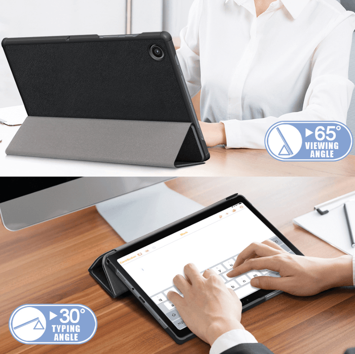 Samsung Galaxy Tab A9 Plus 11-inch tri-fold stand tablet in TechPlus case, front view showing protective cover and stand feature.