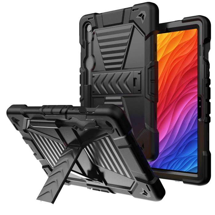 Samsung Galaxy Tab S9 FE rugged shockproof case with kickstand, designed by TechPlus, shown in front view with reinforced edges.