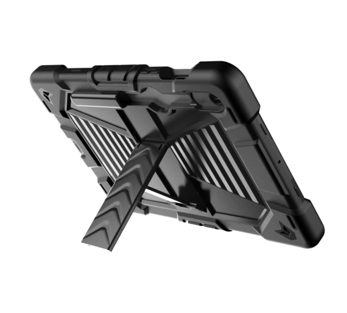 Samsung Galaxy Tab S9 FE rugged shockproof case with kickstand, durable protective cover by TechPlus, shown from front angle.