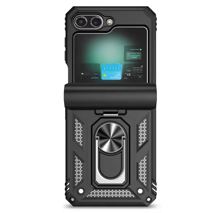 Samsung Galaxy Z Flip7 phone case by Habicare with ring bracket, available in 8 colors, provides protection and convenient grip.