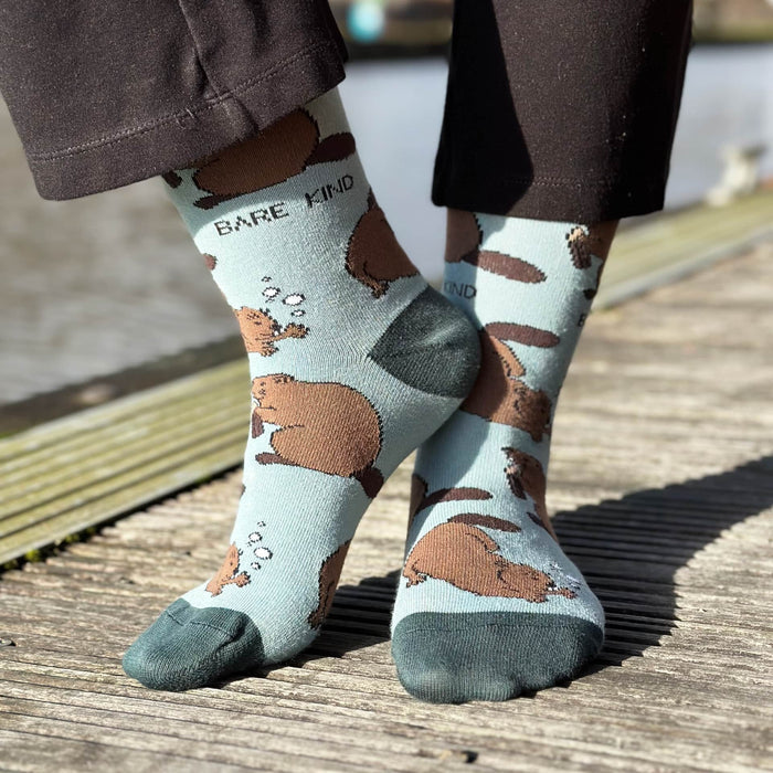 Barekind NZ Save the Beavers bamboo socks with beaver illustration, comfortable and eco-friendly footwear for everyday wear.