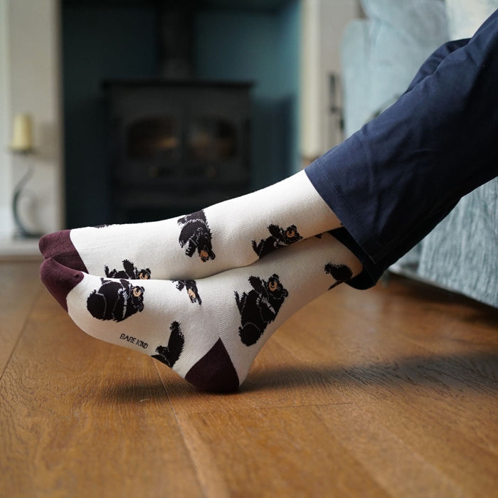 Black bear bamboo socks by Barekind NZ featuring a black bear design on comfortable, eco-friendly sock material.
